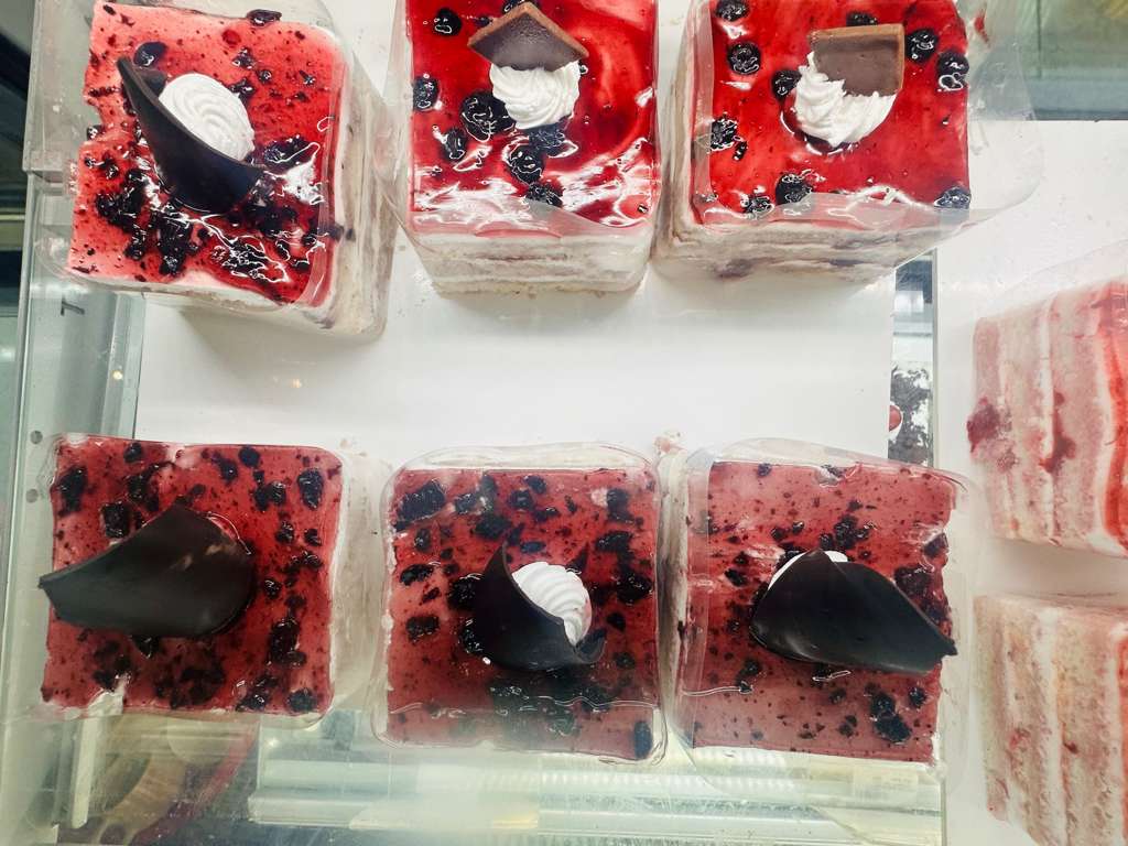 Red velvet pastry slices with cream